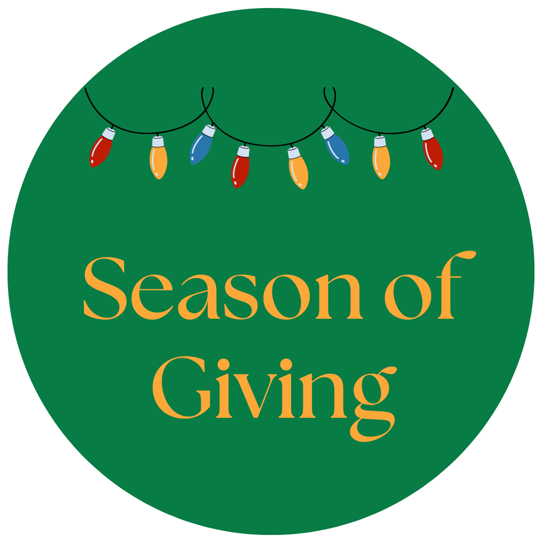 Green circle with holiday lights and the words Season of Giving