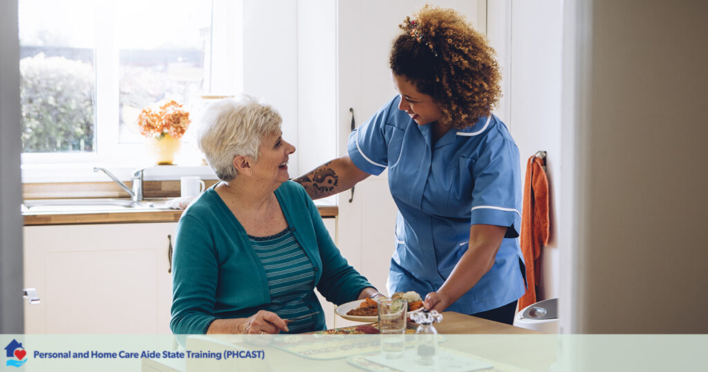 female caregiver putting a friendly arm on the shoulder of a female older adult