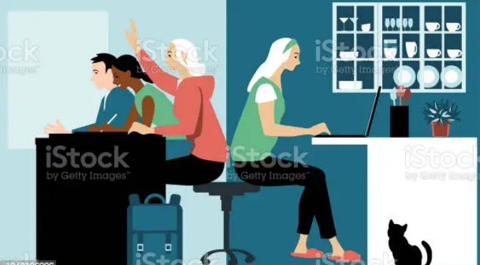 graphic with two connected images, on the left a woman working in office with coworkers, and on right the same woman working from home
