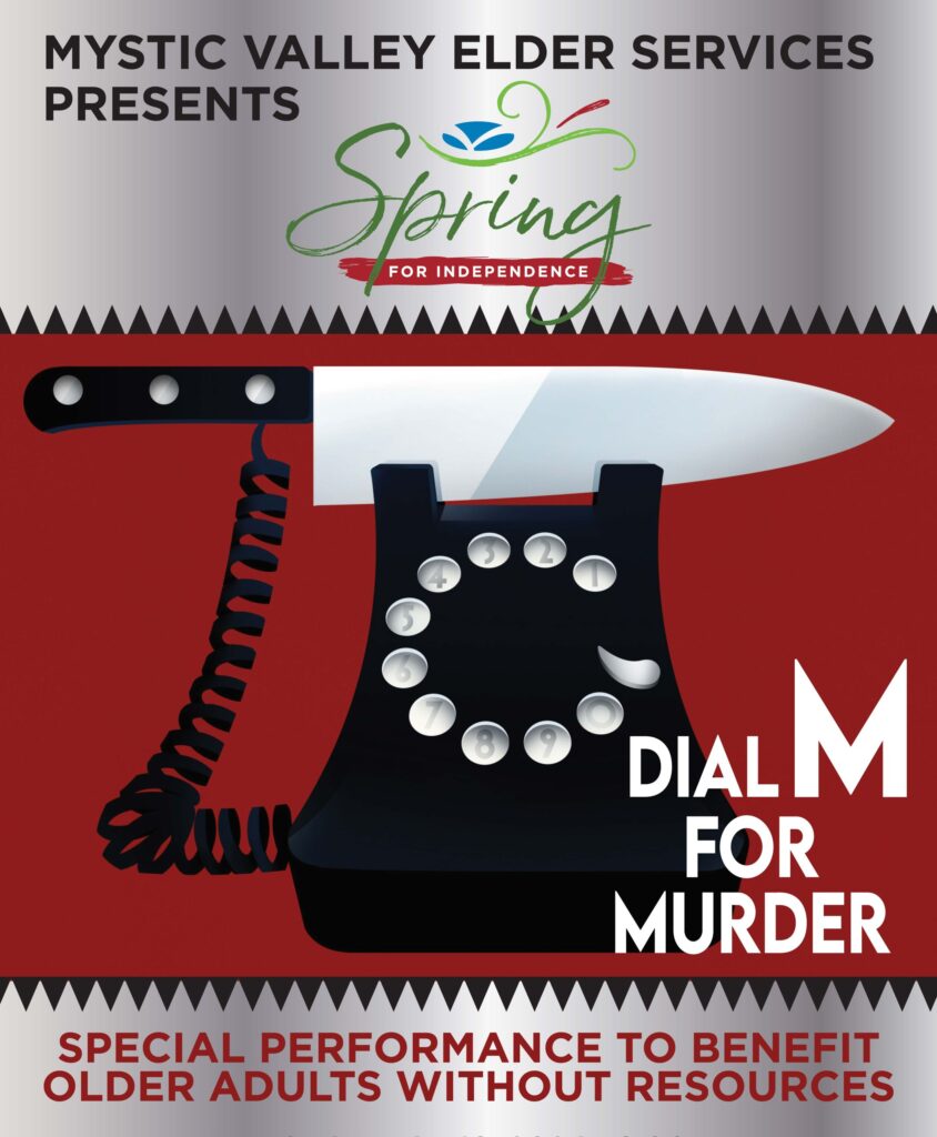 Illustration of old black rotary phone against red background, with a knife in place of receiver, plus wording about the play and fundraiser.