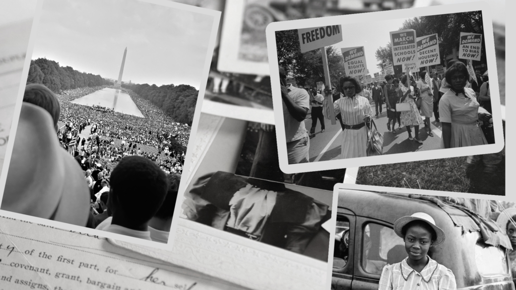 collection of old black & white photos showing people of color and objects