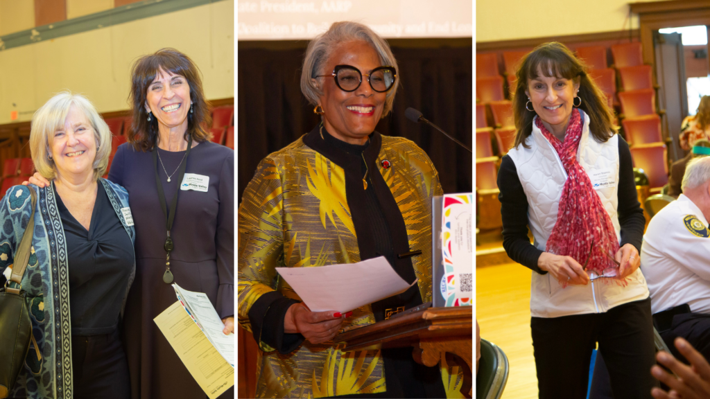 collage of 3 photos of smiling women. guest speaker in center image. other 2 show  volunteers and staff.