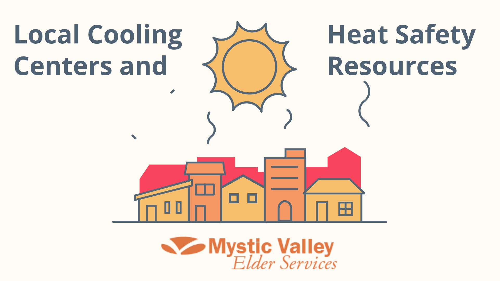 Illustration of a bright sun with wavy heat marks above a row of red, orange and yellow houses and buildings. On the left side of the sun it says "Local cooling centers and" and on the right side of the sun it says "Heat Safety Resources." At the bottom is the MVES logo in orange.