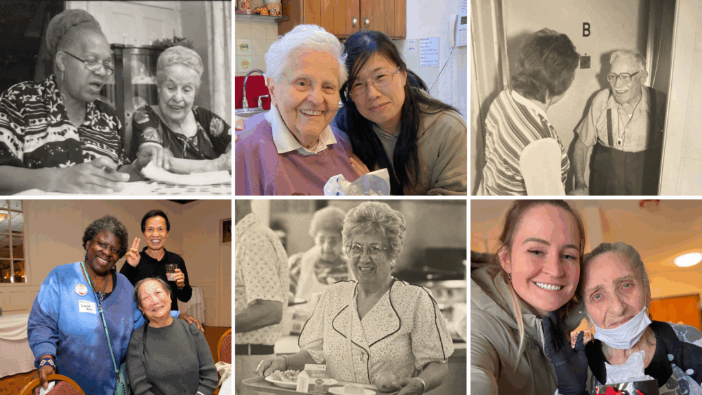 6 square photos of older adults and the people who support them. Half are old black-and-white images and half modern photos. There is a mix of men and women and people from different backgrounds.