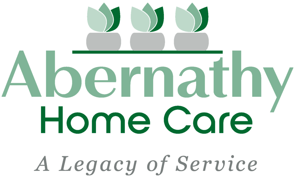 Abernathy Home Care logo in shades of green and grey including three small potted plant illustrations at the top, business name in the middle, and at the bottom the words A Legacy of Service.