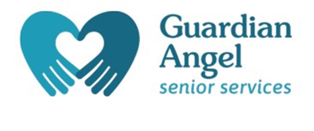 Guardian Angel Senior Services logo showing two hands on the left, in different shades of blue-green, forming a heart, and business name on the right.