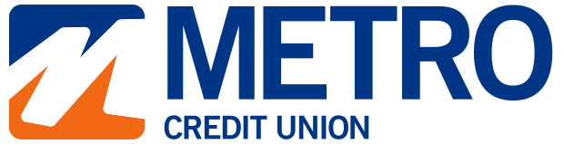 Metro Credit Union logo in blue and orange with a large, chunky letter M on the left side of the name.