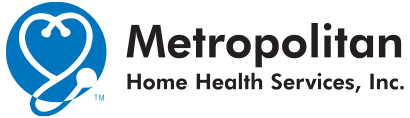 Logo for Metropolitan Home Health Services Inc. including a blue stethoscope in the shape of a heart