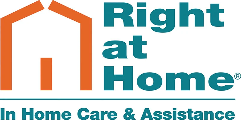Right At Home logo including a simplified house shape in orange, name of the business in teal and under both the words "In Home Care & Assistance" in teal.