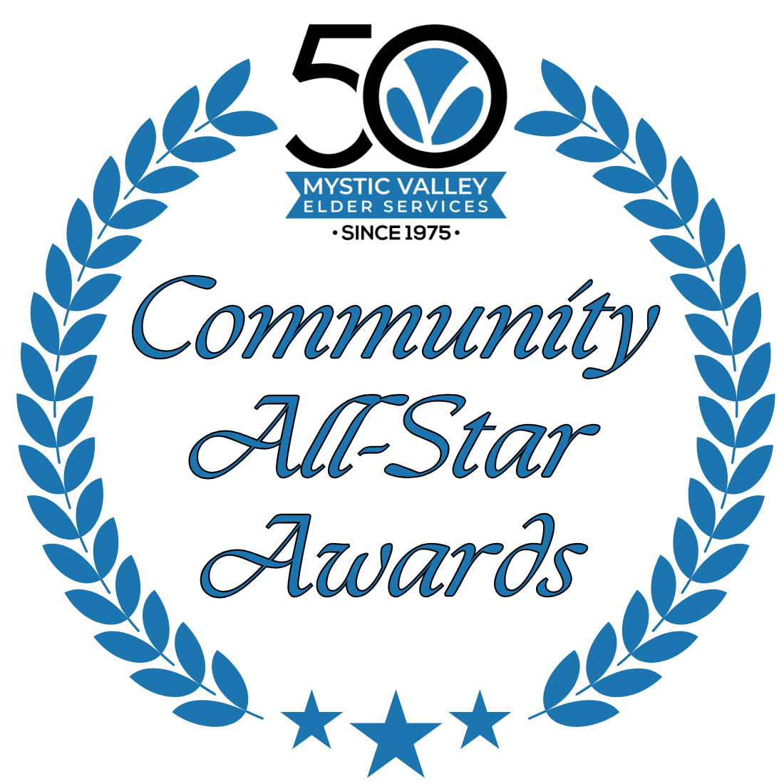 Blue, curved laurel leaves on the left and right. Where they start to curve together at the top is the MVES 50th anniversary logo and at the bottom are three blue stars. In the center it says Community All-Star Awards.