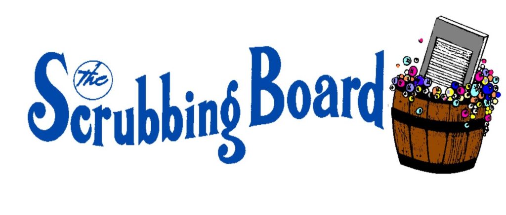 Logo for The Scrubbing Board including an old-fashioned barrel full of colored soap bubbles and a laundry scrubbing board