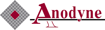 Anodyne name on the right side. On the left is a grey diamond with a smaller maroon diamond inside it.
