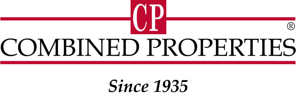 The name Combined Properties in black capital letters against a white rectangle background, with red bars above and below the name. Overlaying part of the top bar are the letters CP in white font against a red square. At the bottom it says Since 1935.