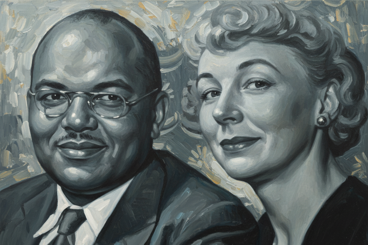 Black and white illustration of a 1950s man and woman stylized like a painted portrait